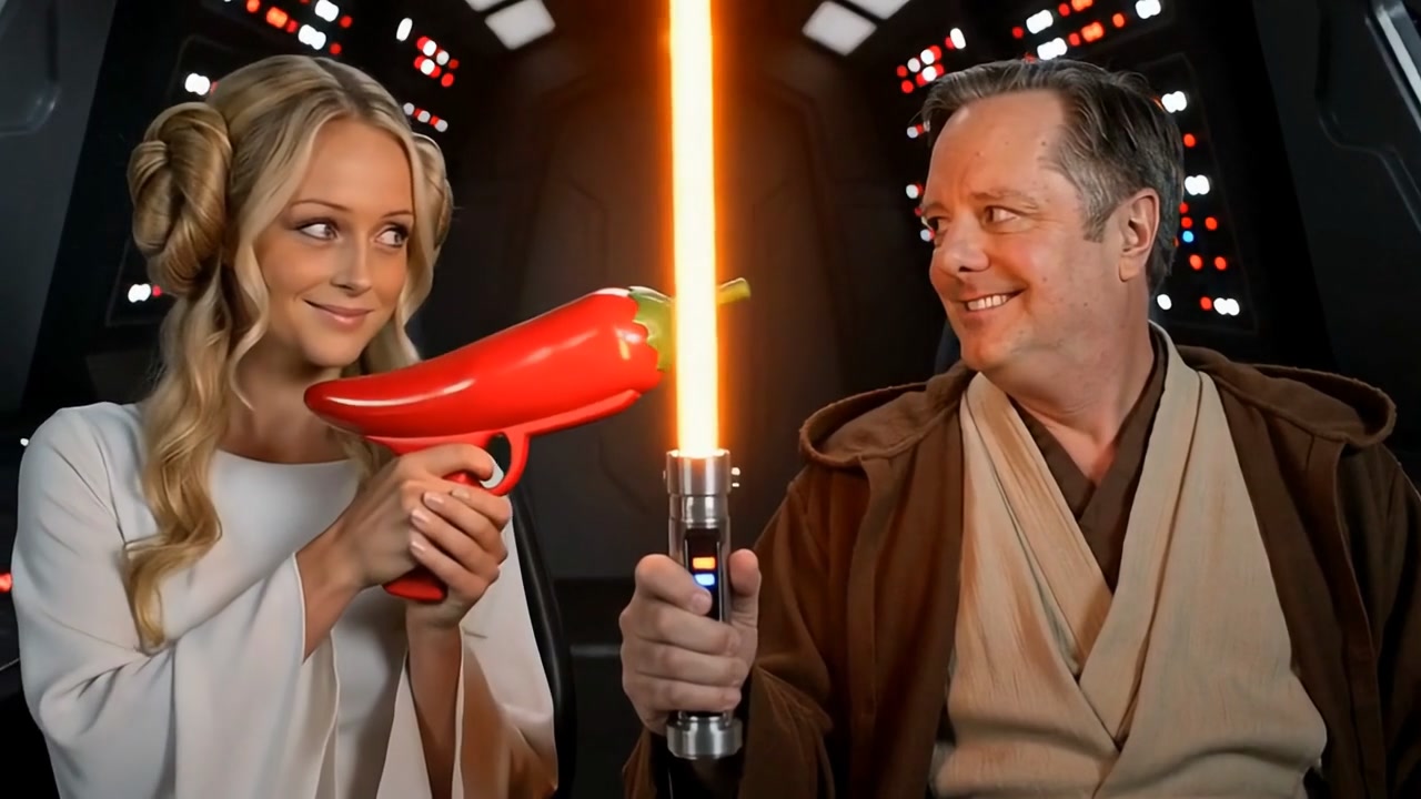 Uncle Larry and Sally with glowing lightsabers in a galaxy far away