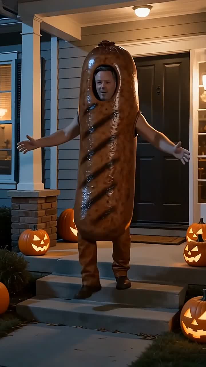 Uncle Larry in a sausage costume greeting trick-or-treaters on Halloween