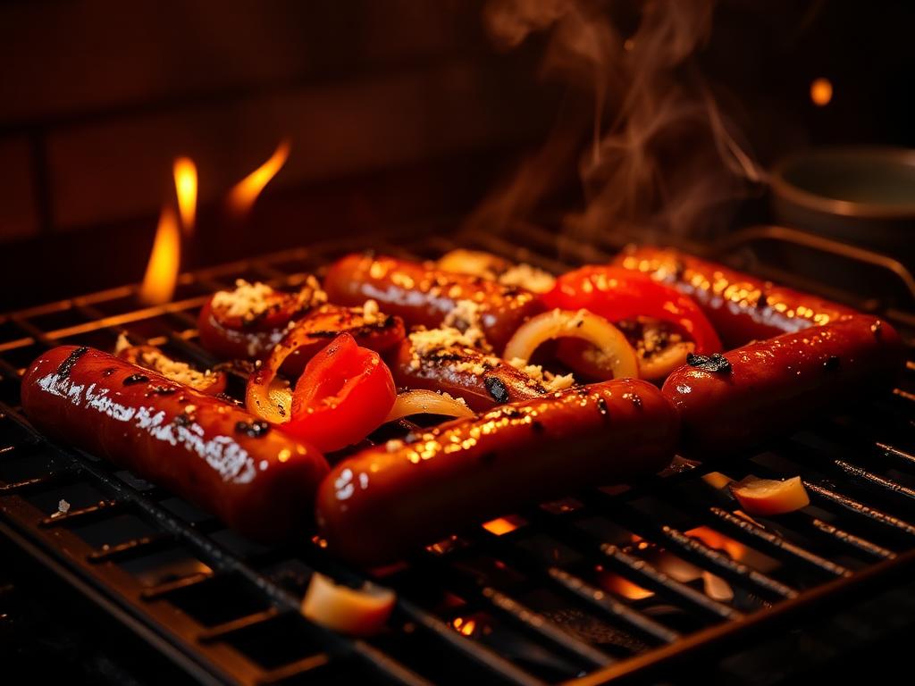Italian sausages and charred peppers on a flaming grill